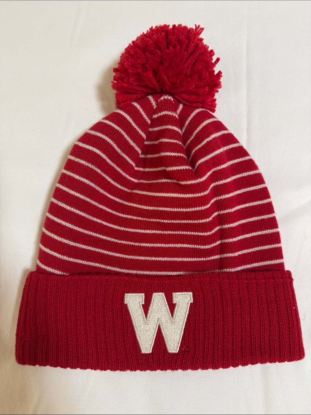 Adidas Red and White Striped Pom Beanie with W Patch NWOT